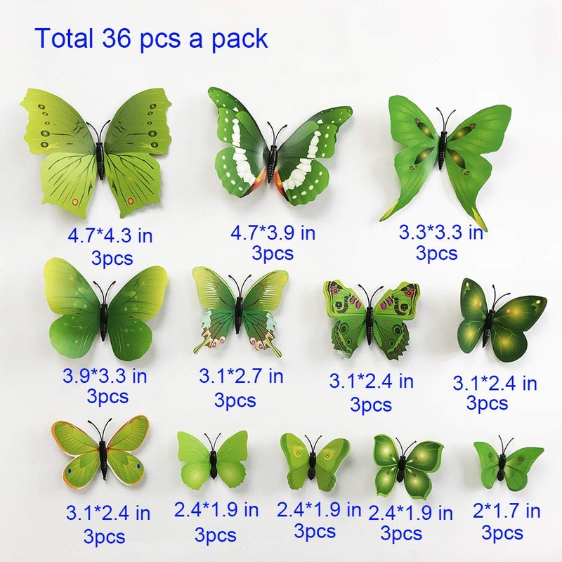 TVPHLLY 36pcs 3D Colorful Butterfly Wall Stickers DIY Art Decor Crafts for Party Nursery Classroom Offices Kids Girl Boy Baby Bedroom Bathroom Living Room Magnets and Glue Sticker Set1(Green-Single Wing) - Image 4